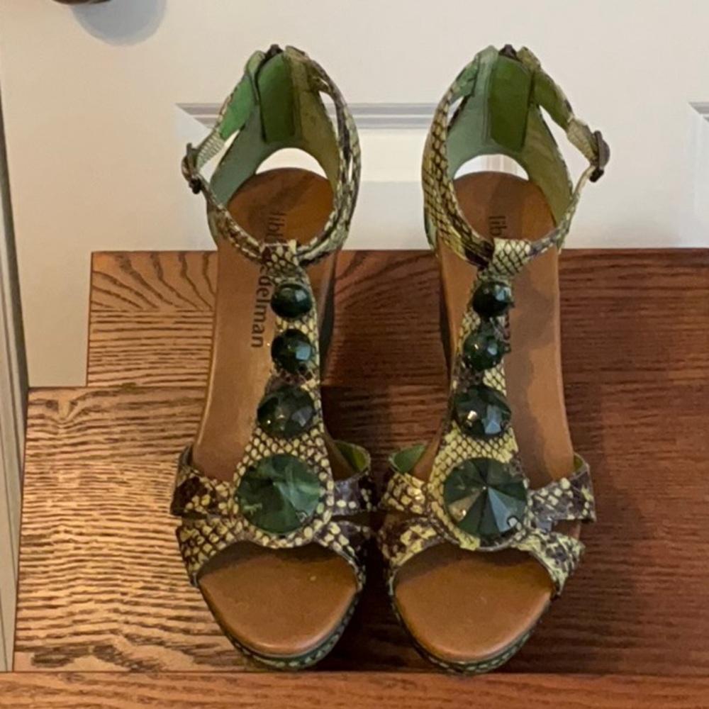 Libby Edelman Green Wedge Sandals with Gemstones